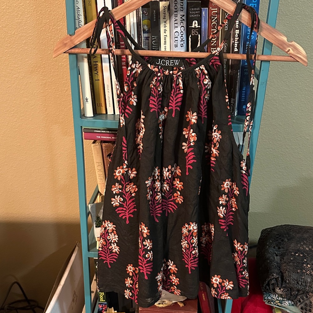 J. Crew Block Print Cotton voile with Floral Accents Tie shoulder tank top